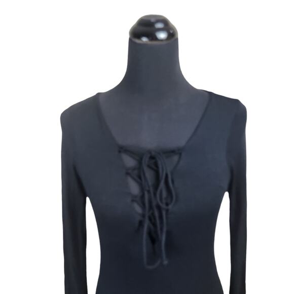 Lulu's Dress Size Large Lace Up Front Bodycon Long Sleeve Black Mini Dress - Picture 3 of 8